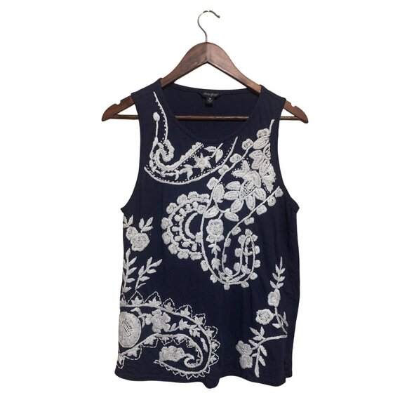 Lucky Brand Women's Top Navy Sleeveless Tank White Floral Embroidery Sz M Boho - Picture 2 of 15